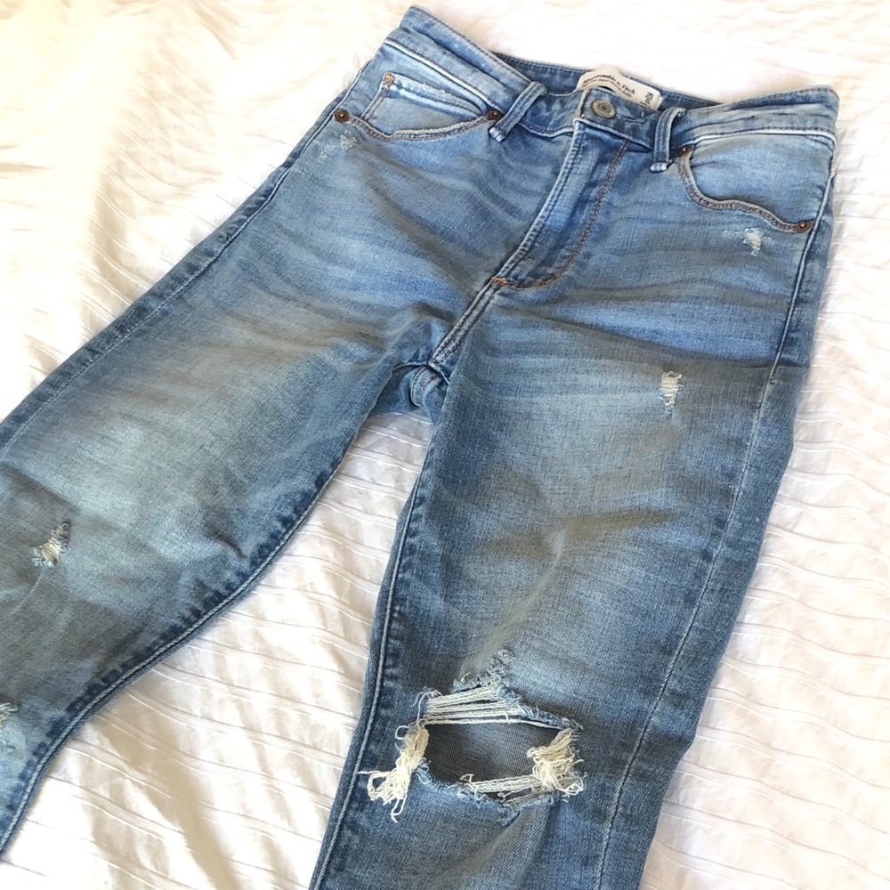 A&F High Rise Super Skinny Ankle Distressed Jeans